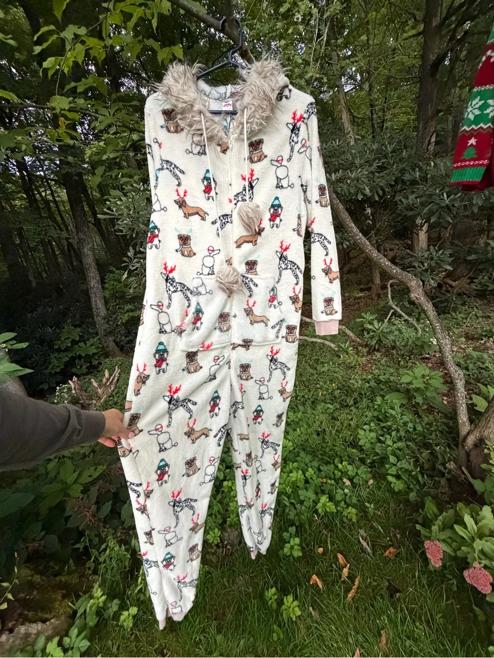 Holiday Time Christmas Dog & Reindeer Fleece Unisex Adult Onesie L